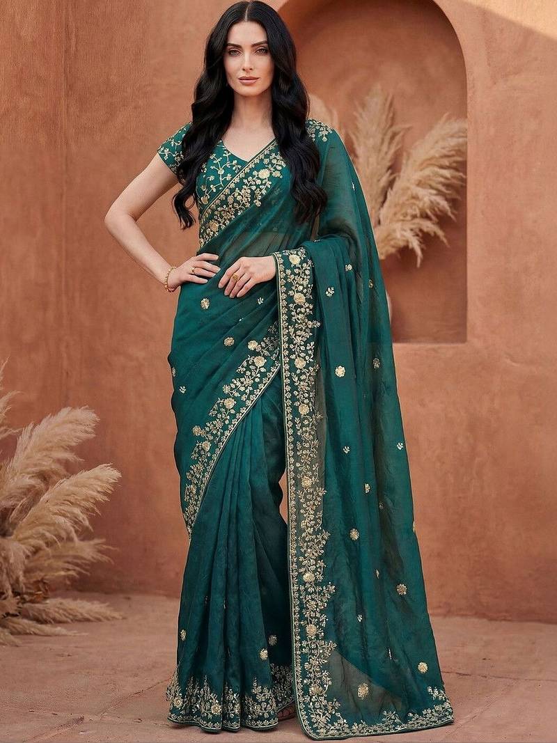 Teal embellished embroidered tissue heavy work fashion saree