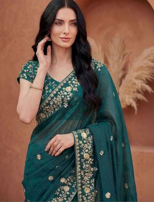 Teal embellished embroidered tissue heavy work fashion saree 2