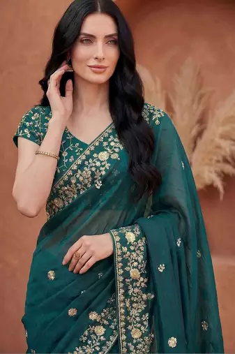 Teal embellished embroidered tissue heavy work fashion saree