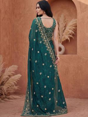 Teal embellished embroidered tissue heavy work fashion saree 3