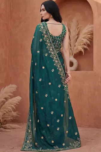 Teal embellished embroidered tissue heavy work fashion saree
