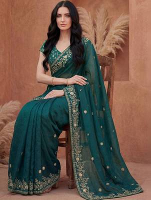 Teal embellished embroidered tissue heavy work fashion saree 4