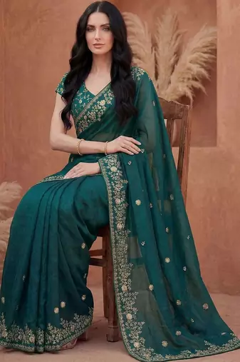 Teal embellished embroidered tissue heavy work fashion saree