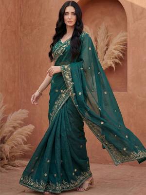Teal embellished embroidered tissue heavy work fashion saree 5