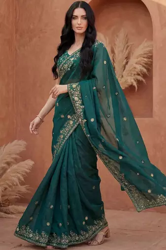 Teal embellished embroidered tissue heavy work fashion saree
