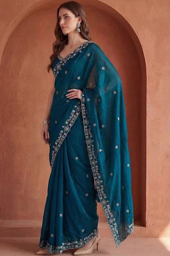 Teal embroidered tissue saree