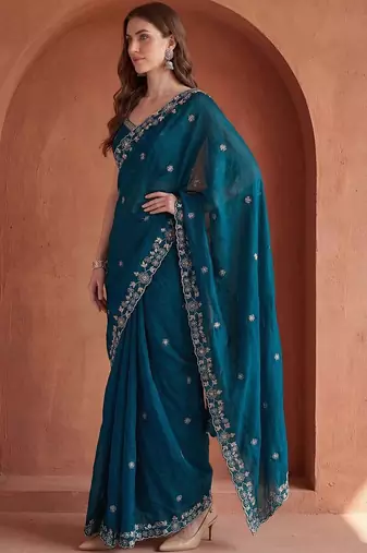 Teal embroidered tissue saree