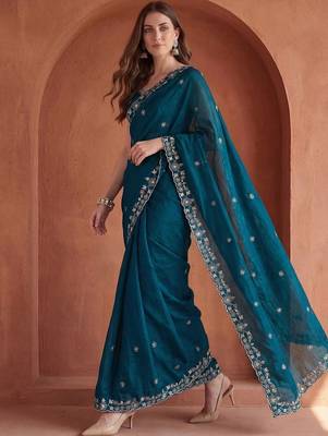 Teal embroidered tissue saree 2