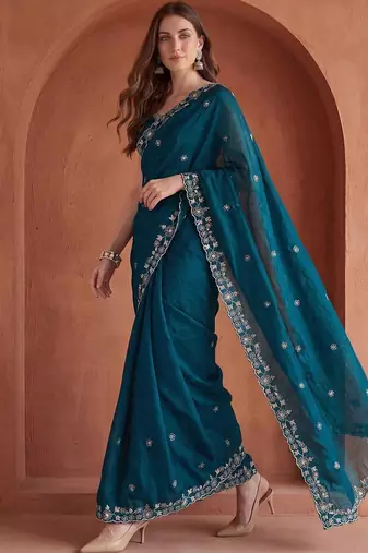 Teal embroidered tissue saree