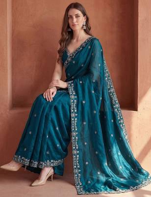 Teal embroidered tissue saree 3