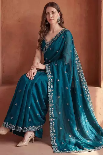 Teal embroidered tissue saree