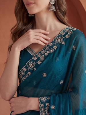 Teal embroidered tissue saree 4