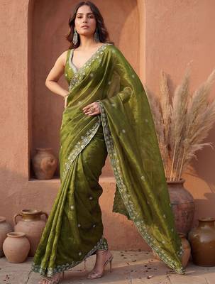 Olive embroidered tissue saree 1