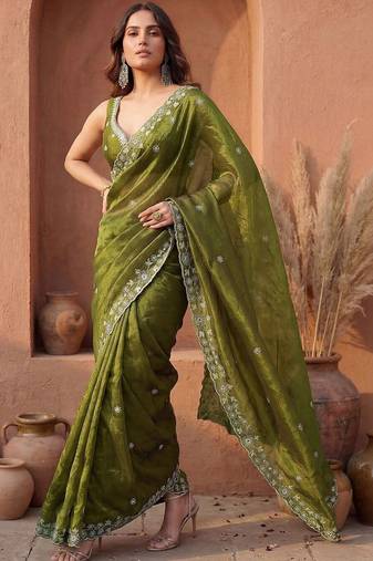 Olive embroidered tissue saree