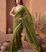 Olive embroidered tissue saree