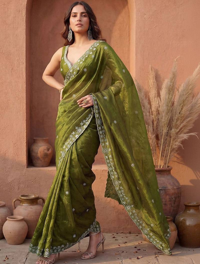 Olive embroidered tissue saree