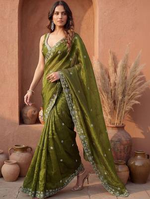 Olive embroidered tissue saree 2