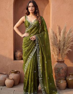 Olive embroidered tissue saree 3