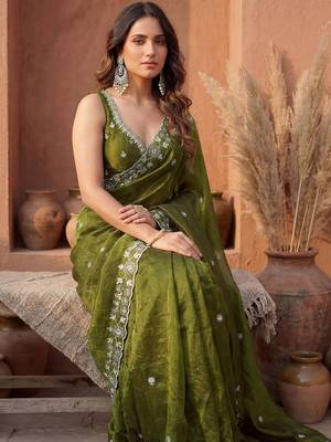 Olive embroidered tissue saree 4