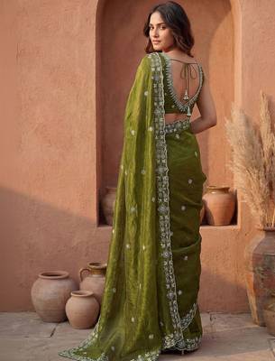 Olive embroidered tissue saree 5