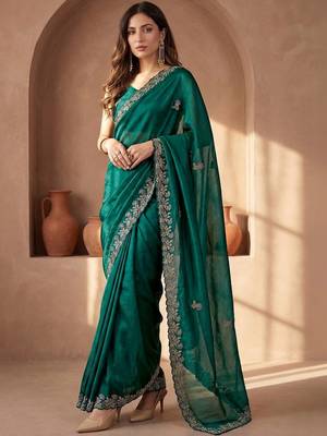 Green embroidered tissue saree 1