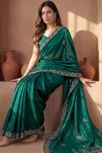 Green embroidered tissue saree