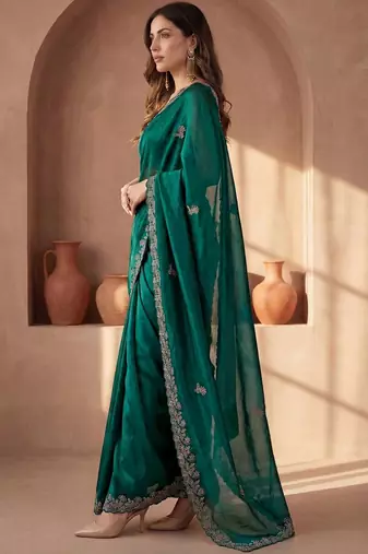 Green embroidered tissue saree