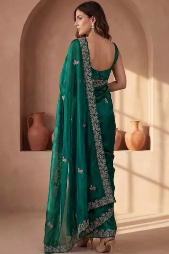 Green embroidered tissue saree