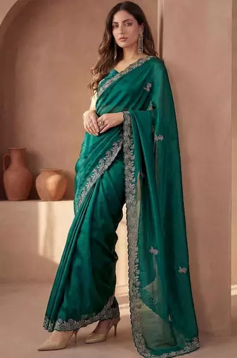 Green embroidered tissue saree