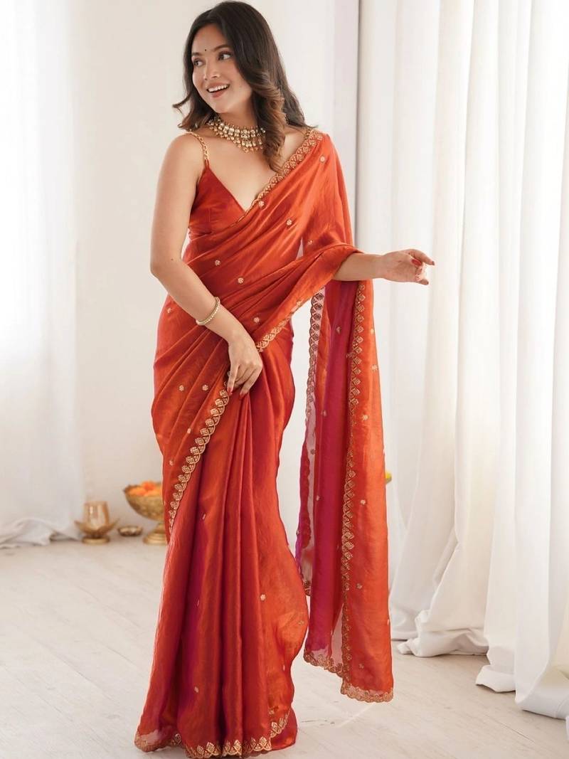 Orange embellished embroidered satin designer saree