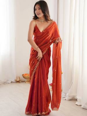 Orange embellished embroidered satin designer saree 2