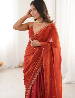 Orange embellished embroidered satin designer saree 4