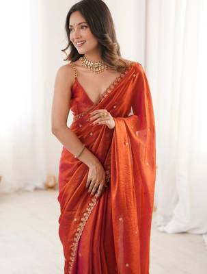 Orange embellished embroidered satin designer saree 5
