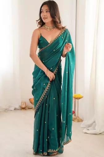 Teal embellished embroidered satin designer saree