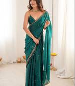 Teal embellished embroidered satin designer saree