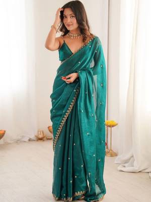 Teal embellished embroidered satin designer saree 2