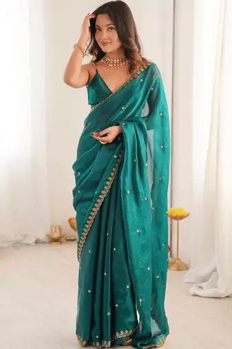 Teal embellished embroidered satin designer saree