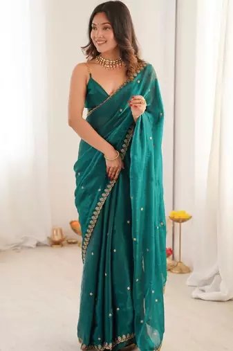 Teal embellished embroidered satin designer saree