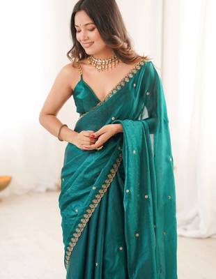 Teal embellished embroidered satin designer saree 4