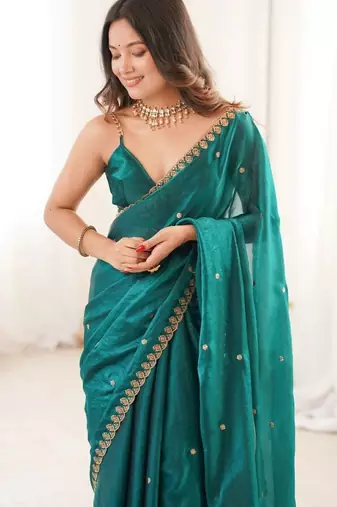 Teal embellished embroidered satin designer saree