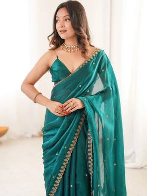 Teal embellished embroidered satin designer saree 5