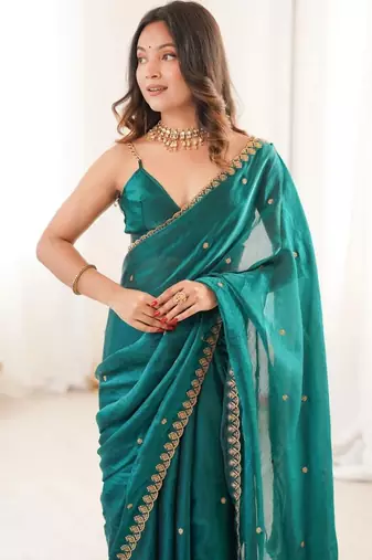 Teal embellished embroidered satin designer saree