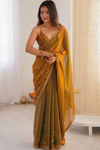 Gold embellished sequinned satin designer saree