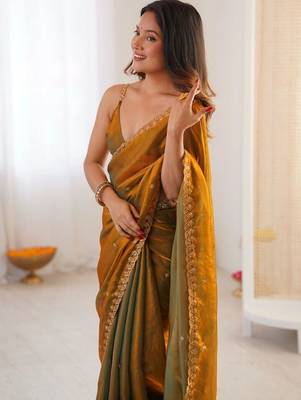 Gold embellished sequinned satin designer saree 5
