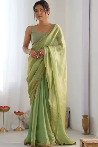 Lime embellished sequinned satin designer saree