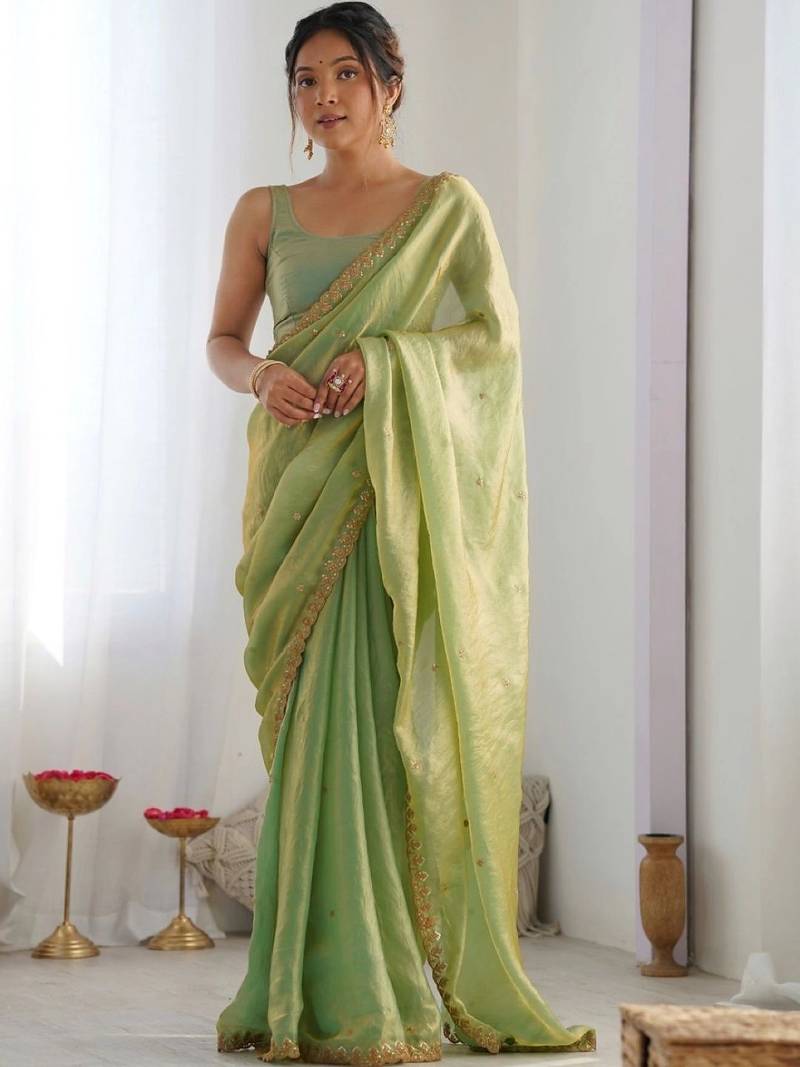 Lime embellished sequinned satin designer saree