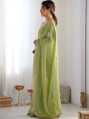 Lime embellished sequinned satin designer saree 2