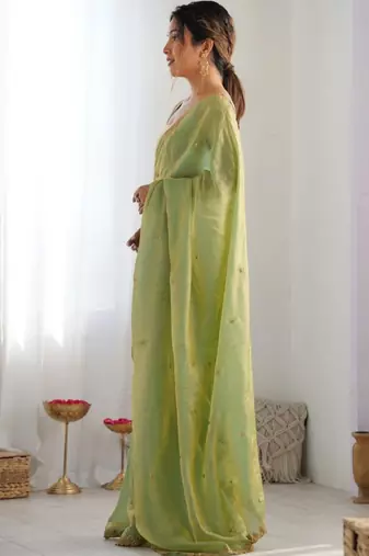 Lime embellished sequinned satin designer saree