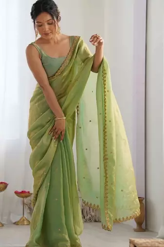 Lime embellished sequinned satin designer saree