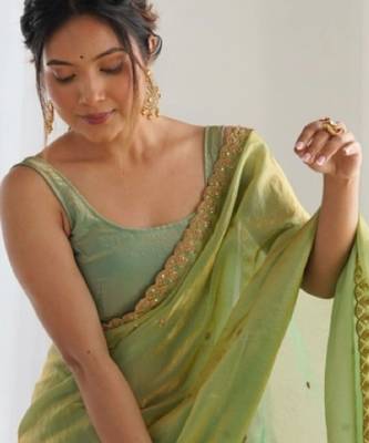 Lime embellished sequinned satin designer saree 4